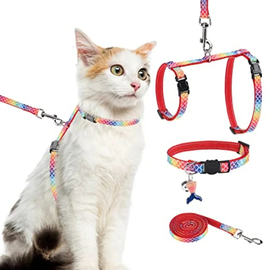 Cat Harness with Leash and Collar Set - Escape Proof Adjustable H-shped Cat Harness with Star and Moon Pattern Glow in The Dark