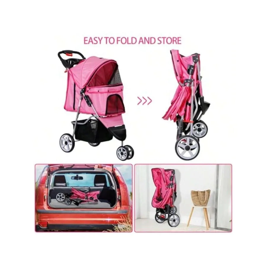 【New style】Foldable Pet Stroller For Cats And Dogs 3 Wheels Carrier Strolling Cart With Weather Cover, Storage Basket + Cup Hol