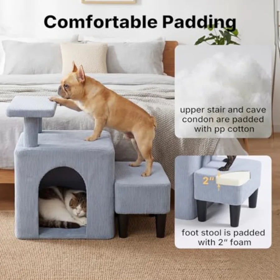 Indoor pet stairs for senior dogs and cats: 3-in-1 bed/couch steps with non-slip surface portable cave condo design cushioned f