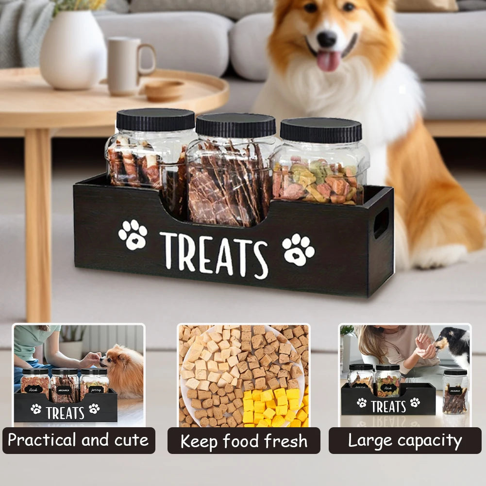 Wooden Pet Snack Storage Box with 3 Plastic Treat Jar Snack Organizer Multifunction Airtight Dog Treat Bin for Cat Food Storage