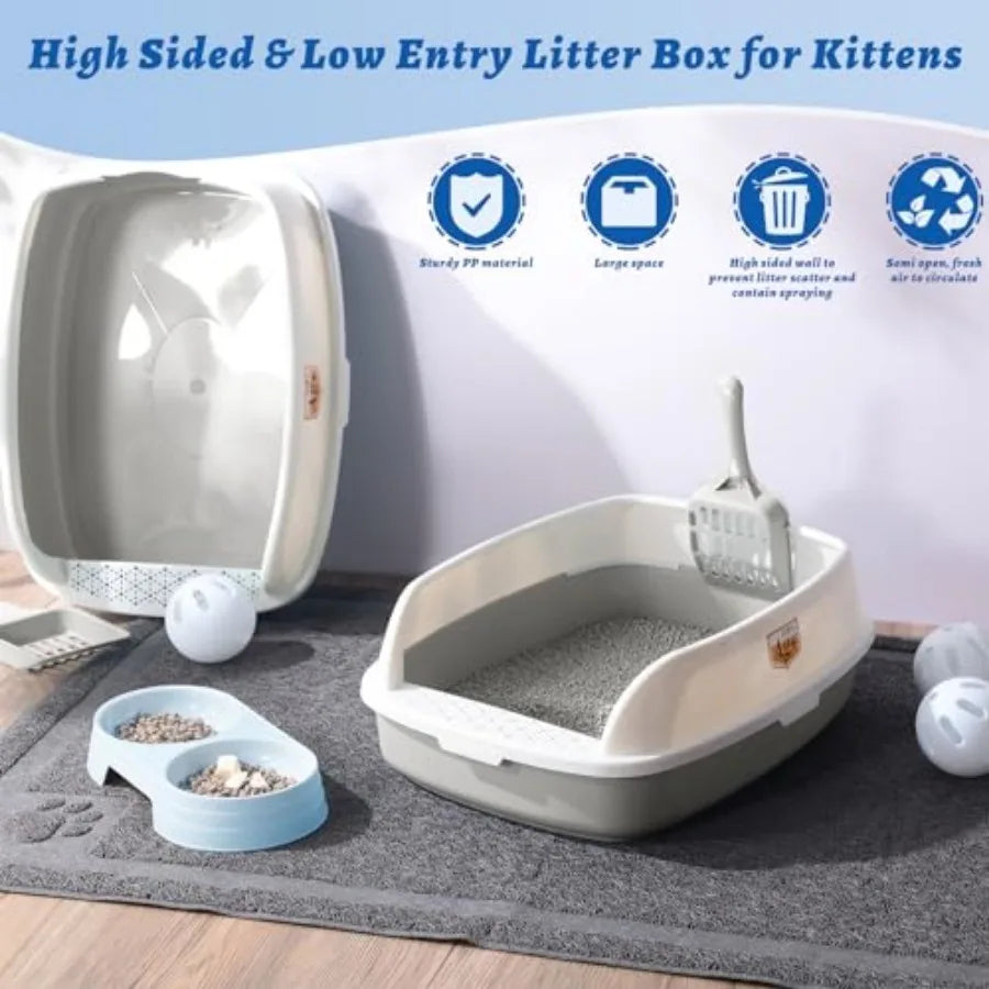 7 Pcs Kitten Litter Box Starter Kit 2 Plastic Small Kitty Litter Box Training Low Entry with Scoop 2 Double Cat Bowl and Mat fo