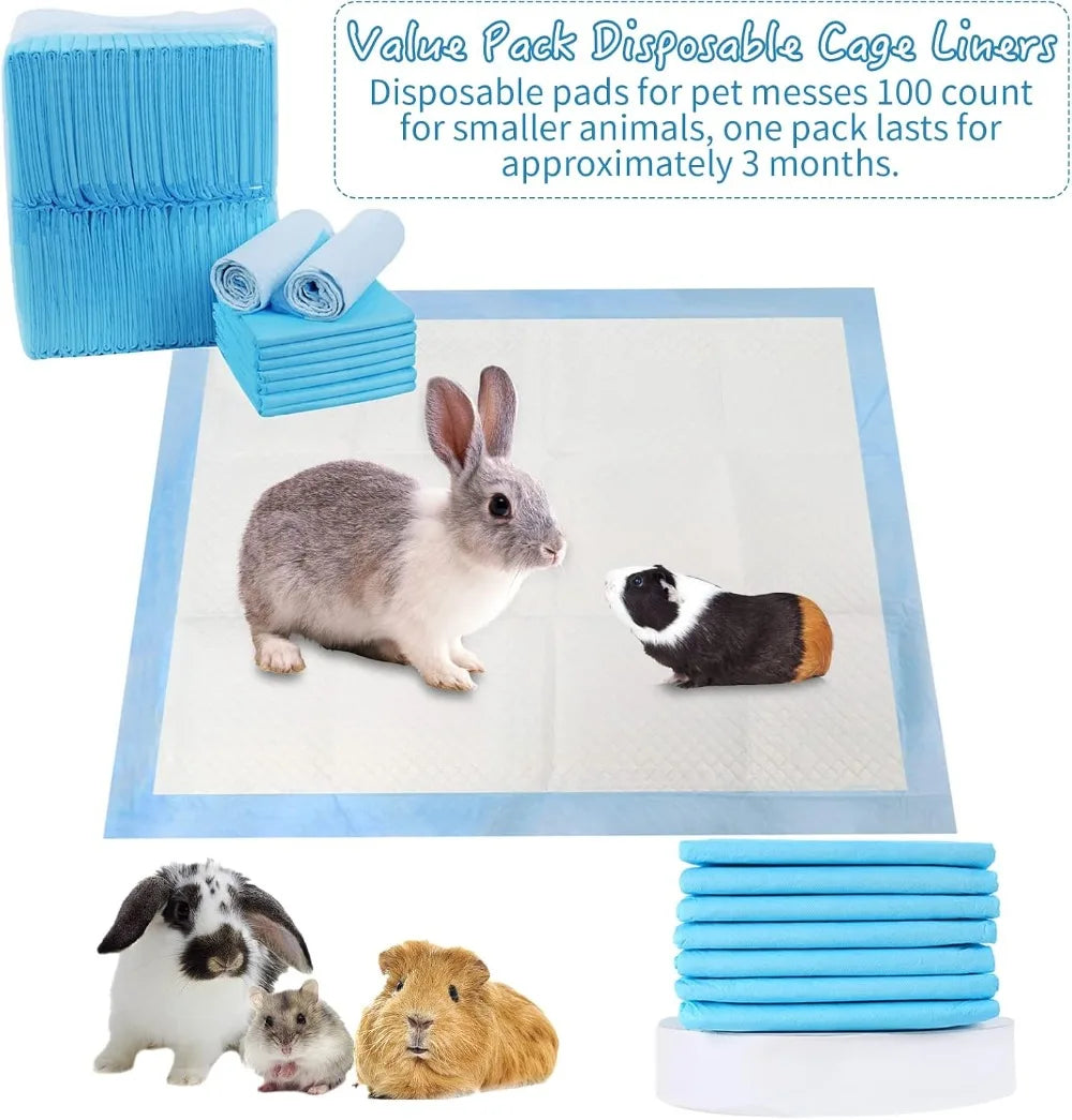 100 Pcs Disposable Pet Pee Pads, Leak-Proof & Super Absorbent Cage Liners for Small Animals