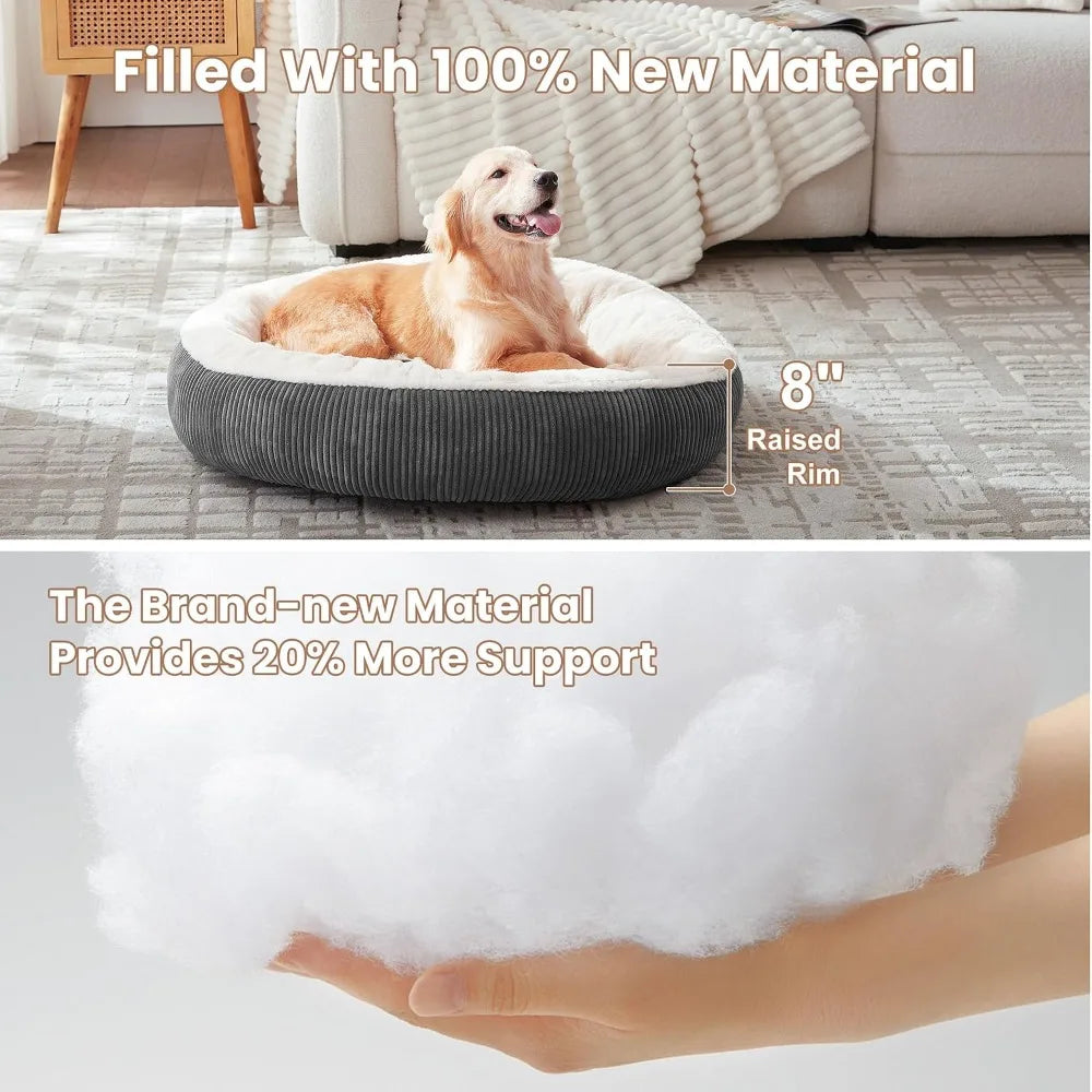 36" Donut Dog Bed for Large Dogs - Calming Round Pet Bed with Washable Cover, Plush Faux Fur & Corduroy, Up to 80 lbs, Dark Grey