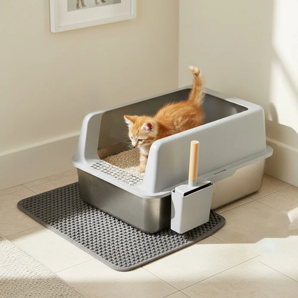 Large Stainless Steel Open Cat Litter Tray High Sided Deep Pan Box Loo Toilet with Litter Mat