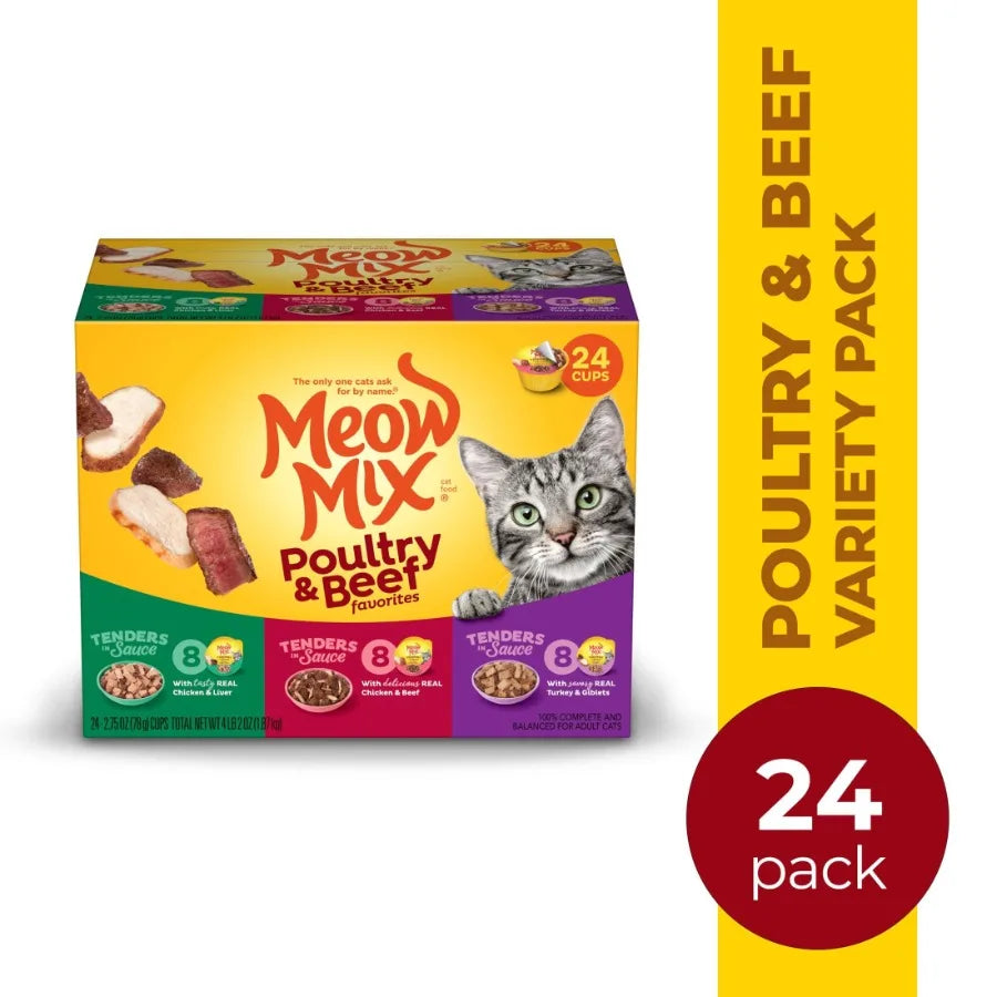 Tenders in Sauce Wet Cat Food Variety Pack for Indoor Cats Poultry Beef Favorites, 24 Cups 2.75 oz Each,Grain-Free, High Moistu