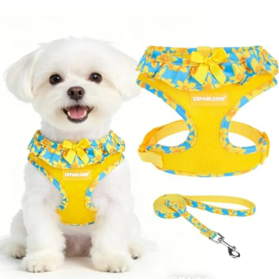 Cute Dog Harness Collar Leash Set - Girl Dog Harness Checke Step-in Design, Adjustable No-Choke Lightweight Mesh Vest for Cats