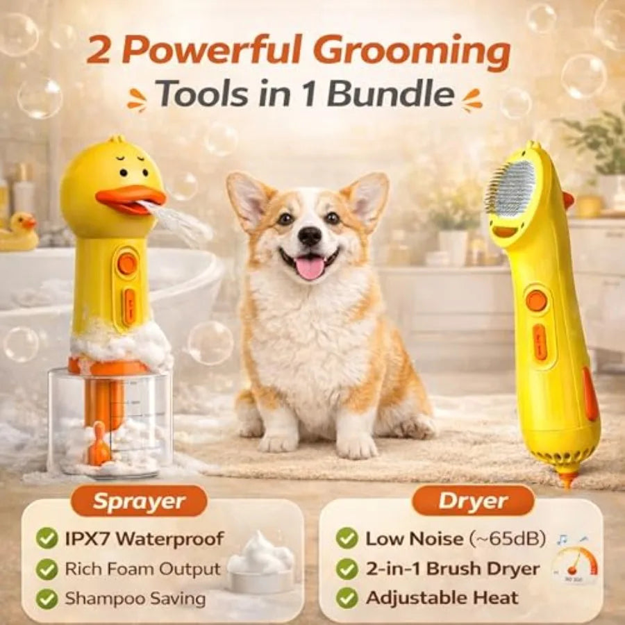 Dog Grooming Kit Bath Dry Set Electric Shampoo Dispenser Foam Sprayer + Quiet Pet Hair Dryer with Brush Rechargeable Waterproof