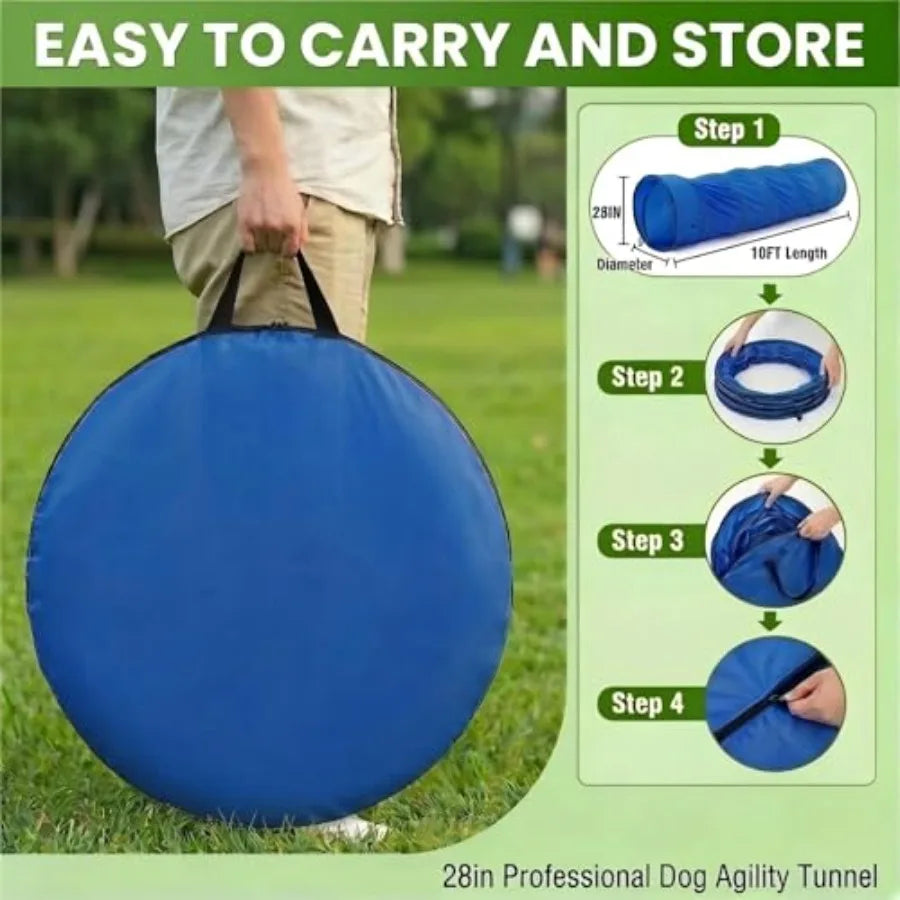 28in Dog Tunnel for Large Dogs, 10ft Heavy Duty Dog Agility Training Equipment with 3 Sandbags 4 Stakes, Portable Pop Up Pet Pl