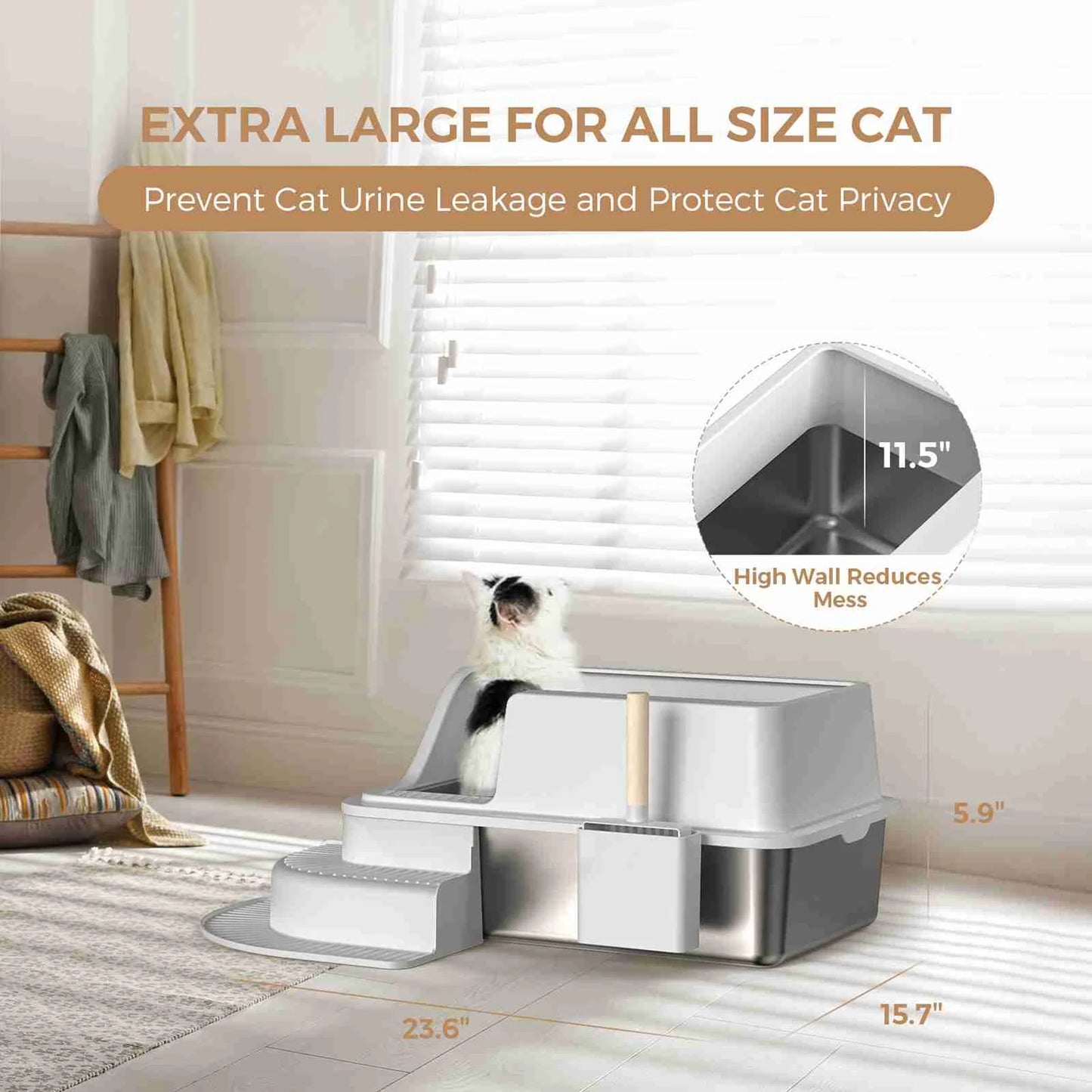 Cat Litter Box Stainless Steel Tray with Plastic Cover and Litter Trapping Mat for Indoor Cats Large Size