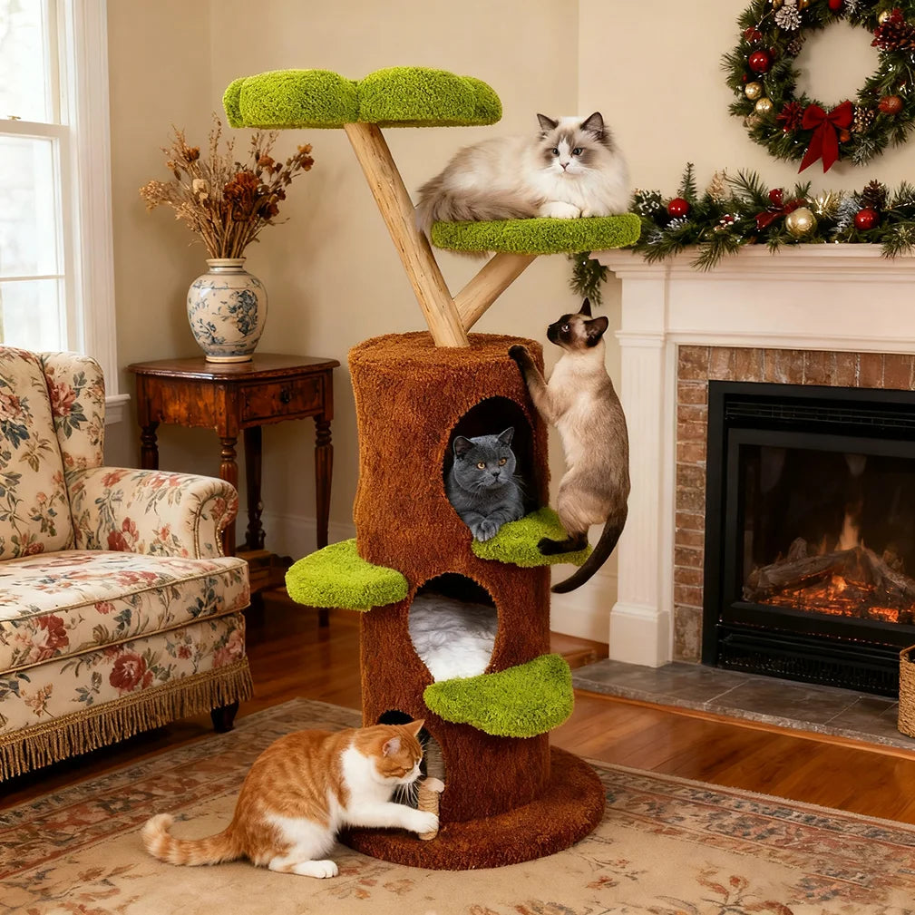 Luxury Wood Modern Cat Tree Tower Cat Scratching Post with Condo Bed Pet Furniture