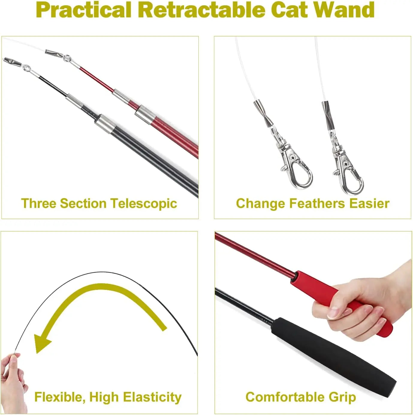 Cat Toys for Indoor Cats, Interactive Cat Toy 2PCS Retractable Wand Toy and 9PCS Cat Feather Toys Refills, Funny Kitten Toys Cat