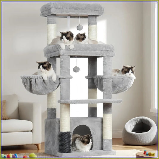 Extra Large Cat Tree Tower with Platform, Condo, Hammocks, Self-Grooming Brush for Big Cats, 51.1in, Light Gray