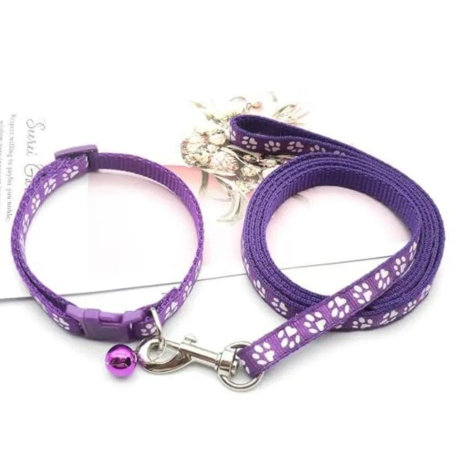Purple Small Dog Collar and Leash Set, Pawprint Puppy Collar and Leash Adjustable Kitten Collar with Bell for Tiny Little XXS X