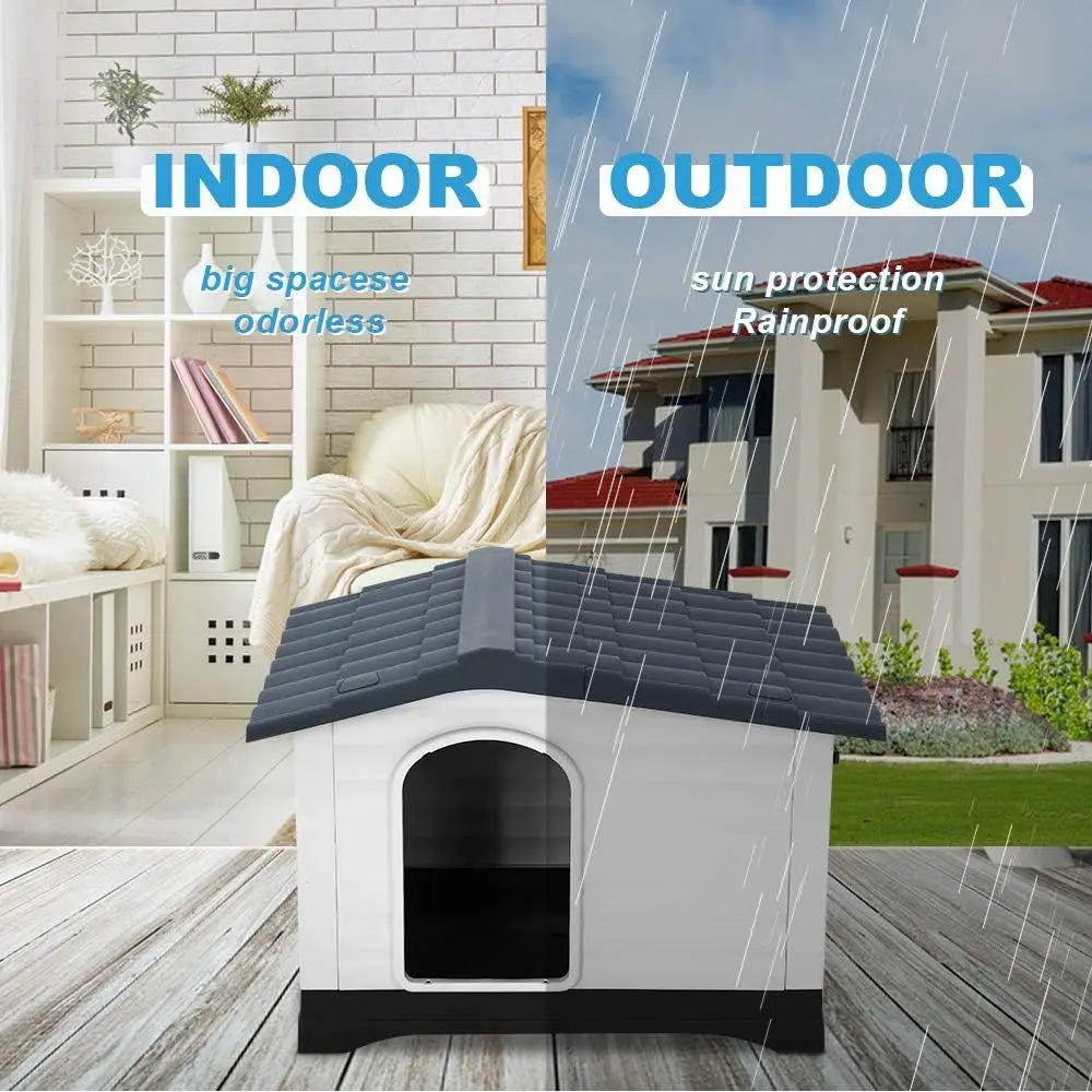 Durable Plastic Dog House for Medium to Large Dogs with Elevated Floor, Ventilated, Waterproof, Indoor/Outdoor Pet Shelter