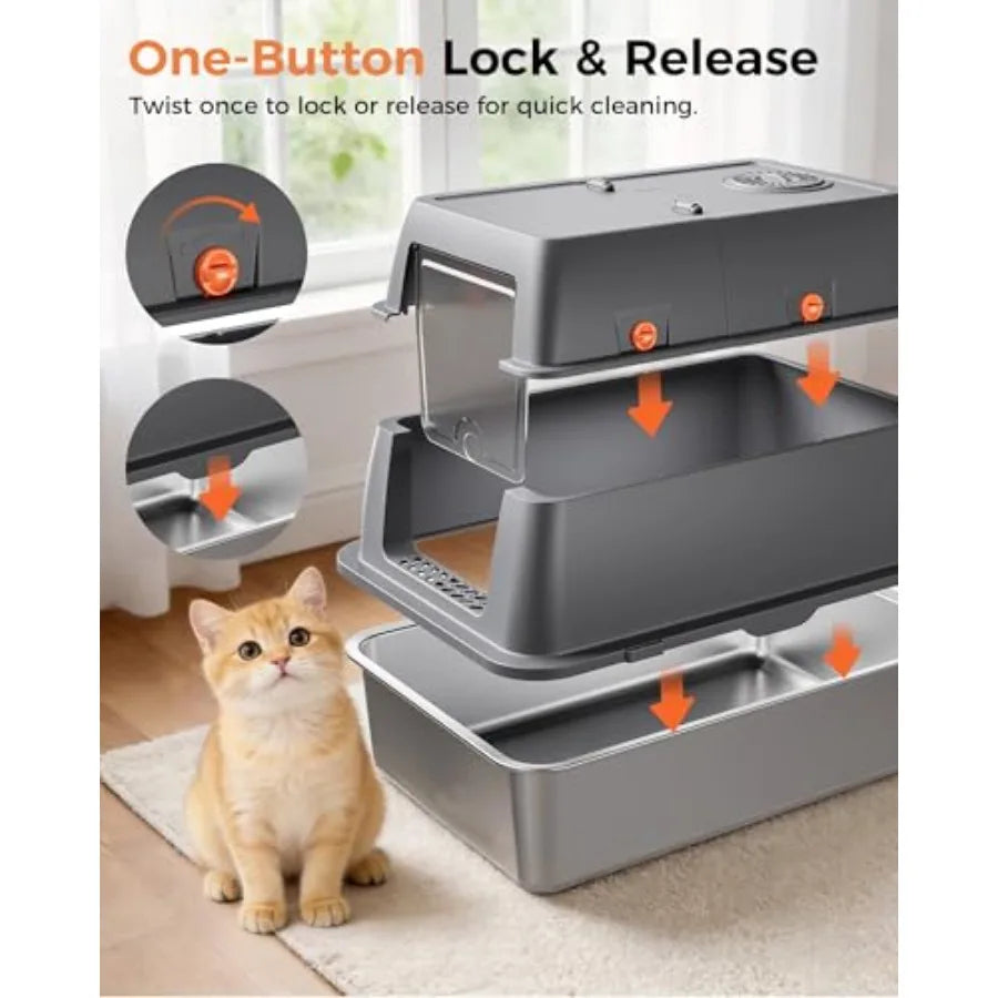 XXL Stainless Steel Cat Litter Box with Lid High Sided Enclosed Covered Litterbox Activated Carbon Odor Control Extra Large Met