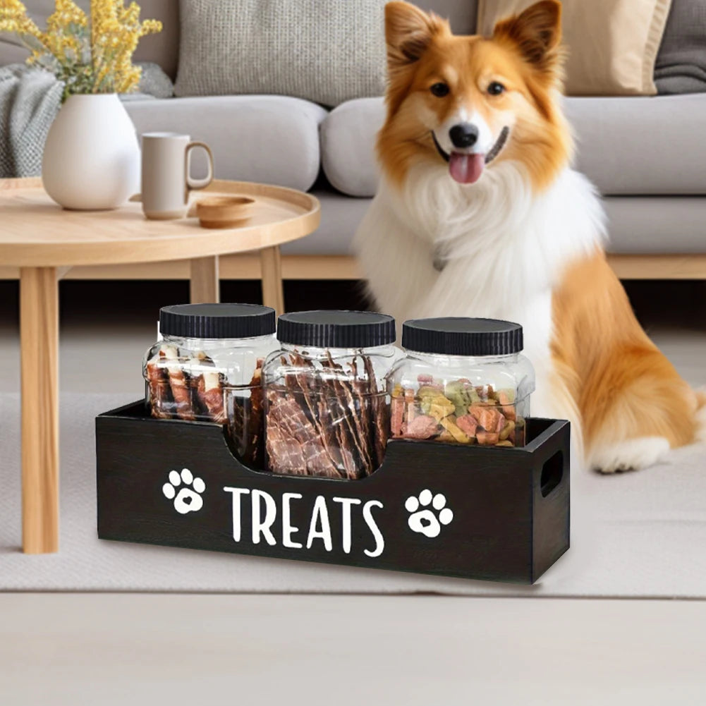 Wooden Pet Snack Storage Box with 3 Plastic Treat Jar Snack Organizer Multifunction Airtight Dog Treat Bin for Cat Food Storage