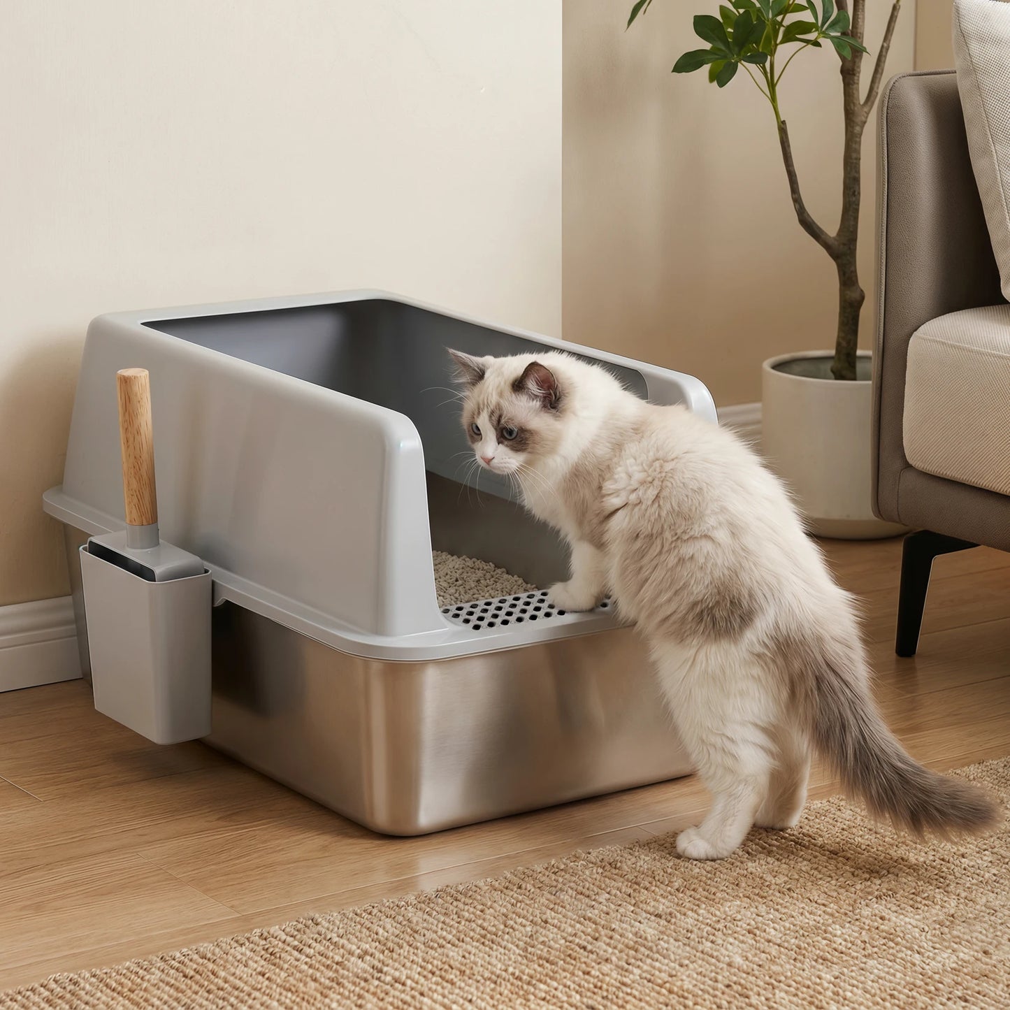 Large Stainless Steel Open Cat Litter Tray High Sided Deep Pan Box Loo Toilet with Litter Mat