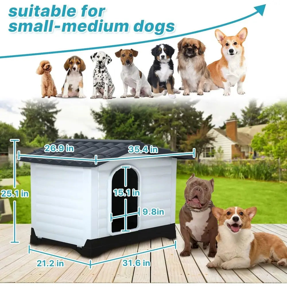 Durable Plastic Dog House for Medium to Large Dogs with Elevated Floor, Ventilated, Waterproof, Indoor/Outdoor Pet Shelter