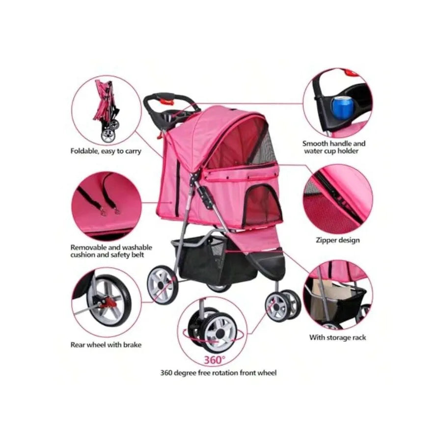 【New style】Foldable Pet Stroller For Cats And Dogs 3 Wheels Carrier Strolling Cart With Weather Cover, Storage Basket + Cup Hol