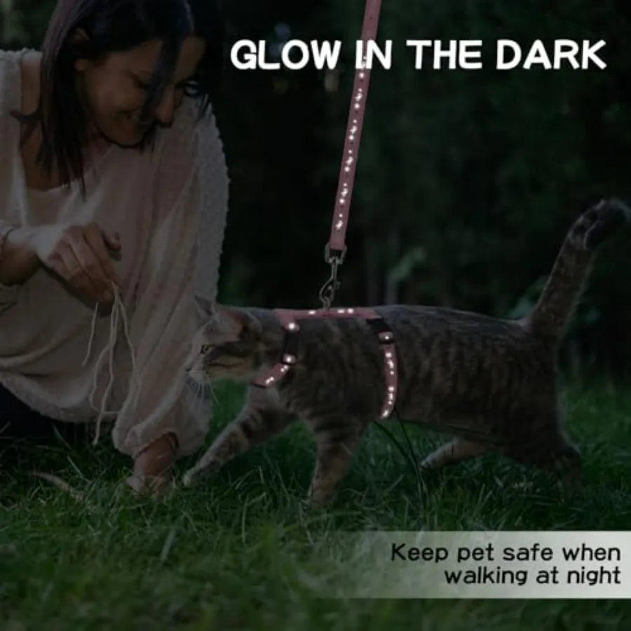 Cat Harness with Leash and Collar Set - Escape Proof Adjustable H-shped Cat Harness with Star and Moon Pattern Glow in The Dark
