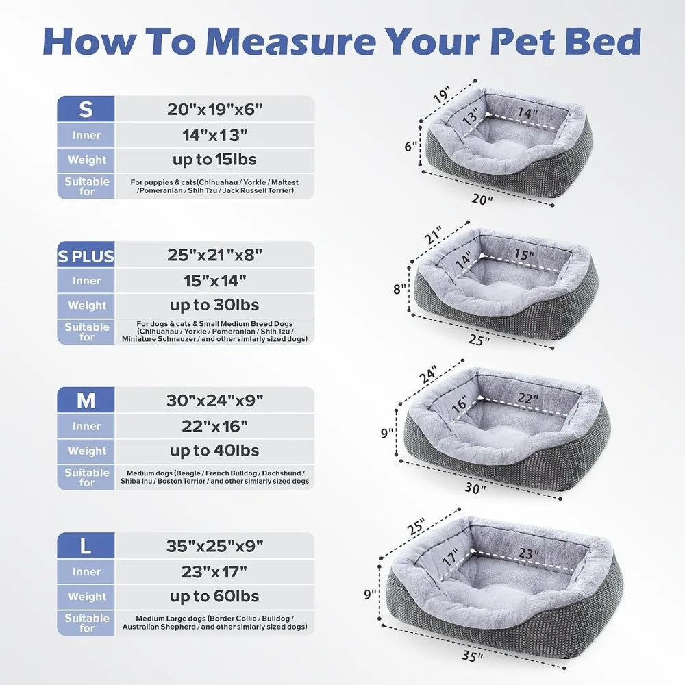 Medium Dog Bed Washable Rectangle Orthopedic Soft Plush Warming Calming Pet Bed with Anti-Slip Bottom, M 30"x24"x9"