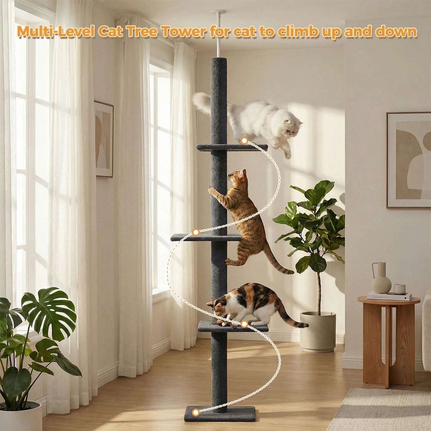 Floor to Ceiling Cat Tower for Indoor Adjustable Height Tall Cat Tree with Scratching Posts and Platforms Cat Scratcher Cat Toys