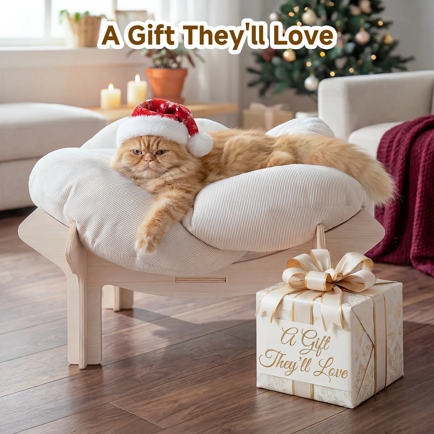 Large Flower-Shaped Pet Bed for Cats & Small Dogs - Modern Luxury High-Leg Sofa Bed with Solid Wood Base & Removable Mattress, I