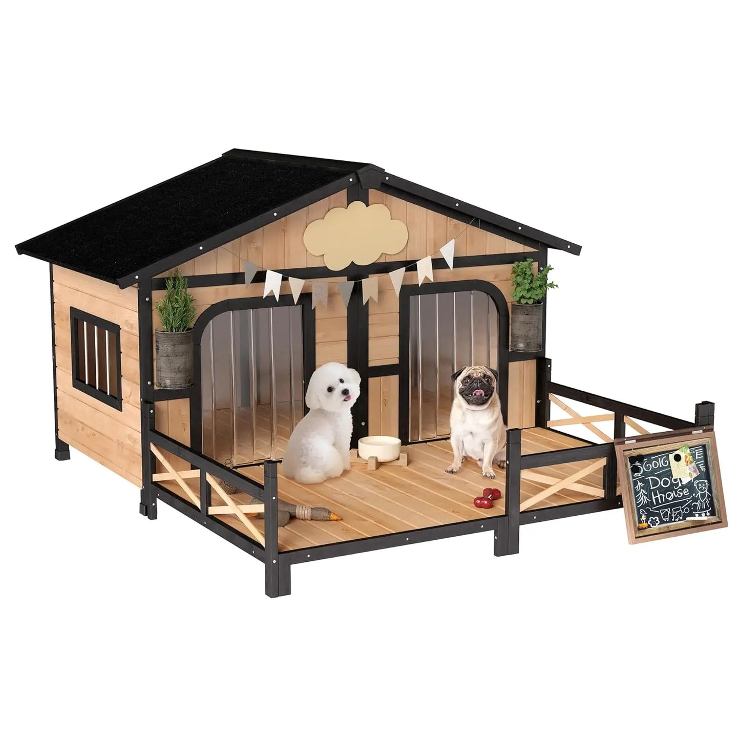Weatherproof Wooden Dog House with Porch & Roof, Removable Floor, Elevated Double Room for Small Medium Breeds, Custom