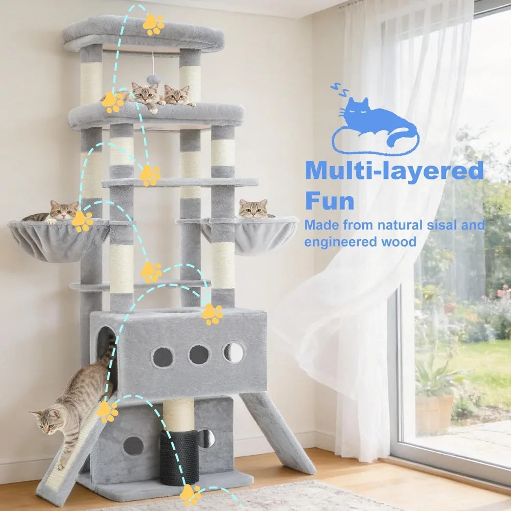 71.5" Cat Tree Tower, Extra Large Platform, 2 Condos, 2 Hammocks, Scratching Posts, Multi-Level for Indoor Cats, Smoky Gray