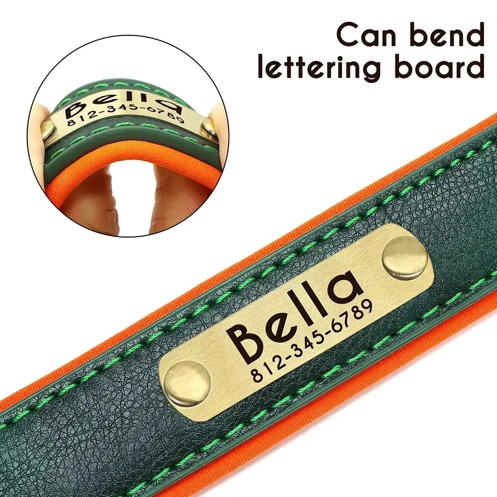 Personalized Customized Leather ID Nameplate Dog Collar Soft Padded Dogs Collars Free Engraving Name for Small Medium Large Dogs