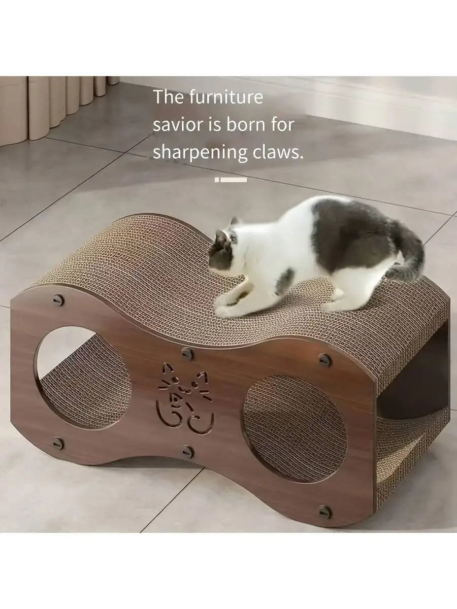 Walnut Finish Cat Scratching Post With Cave Woven Scratcher For Indoor Use