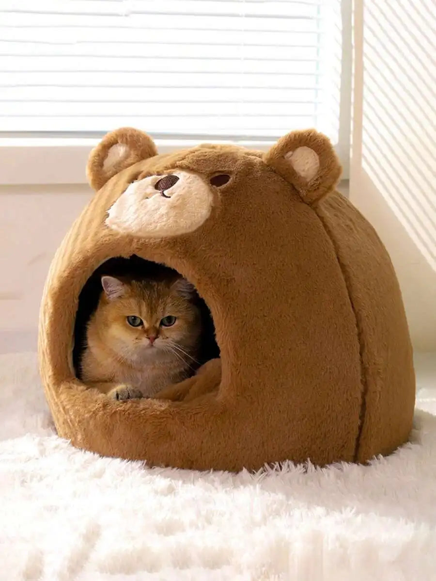 1pc Four Seasons Universal Brown Bear Shaped Pet House For Small/Medium Cats Or Dogs