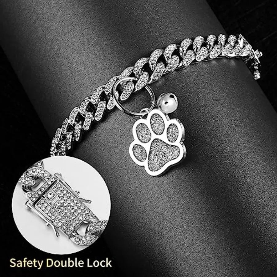 Cat Collar Diamond Chain Glitter Collar Walking Metal with Secure Buckle Cat Pet Necklace with Paw Charm and ID Tag Bell Link C