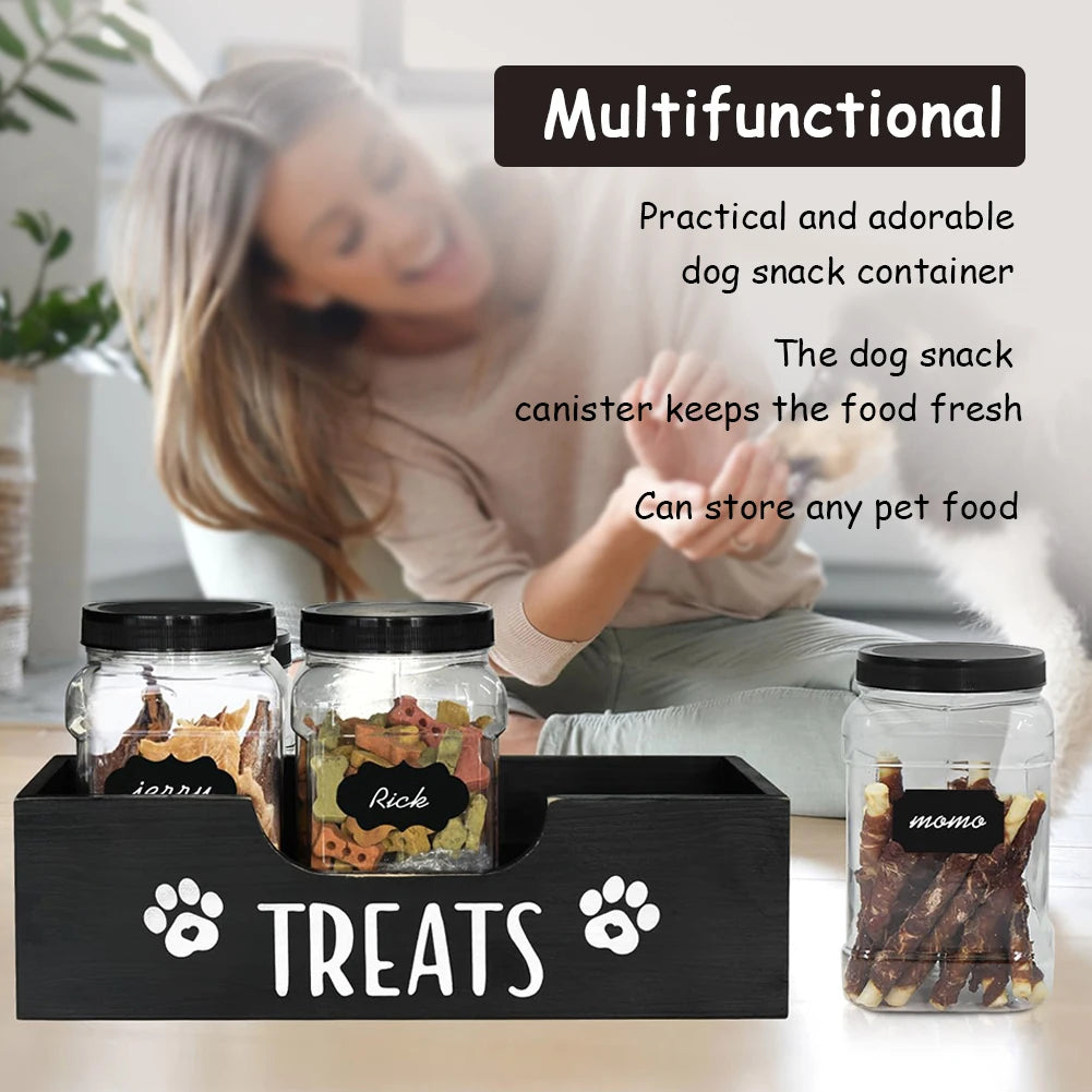 Wooden Pet Snack Storage Box with 3 Plastic Treat Jar Snack Organizer Multifunction Airtight Dog Treat Bin for Cat Food Storage