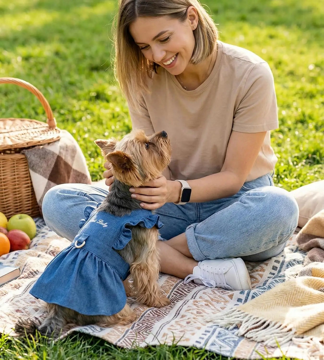 Denim Cat Dog Dress for Small Dogs with Leash Ring Summer Outfit for Girl