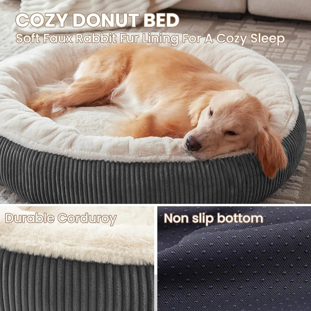 36" Donut Dog Bed for Large Dogs - Calming Round Pet Bed with Washable Cover, Plush Faux Fur & Corduroy, Up to 80 lbs, Dark Grey