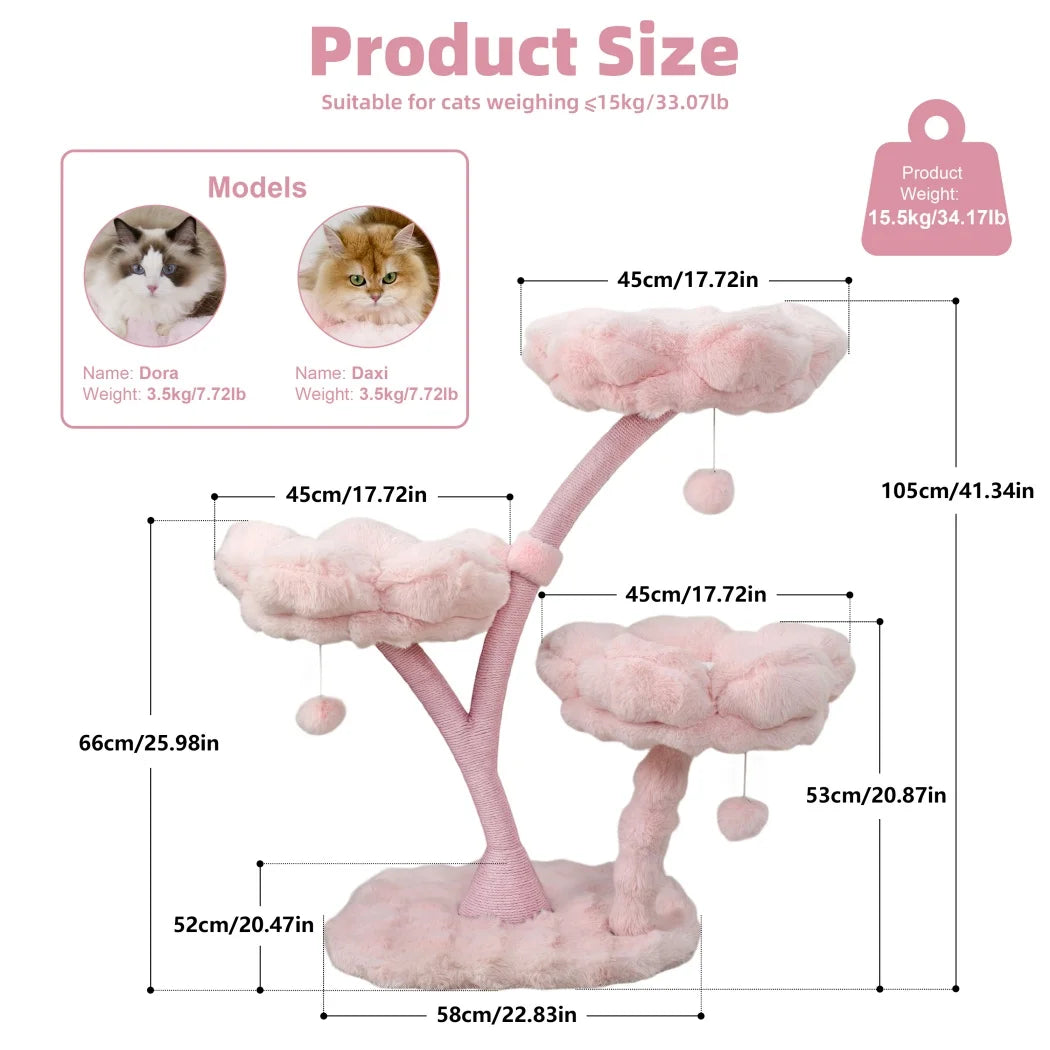Pink Flower Cat Tree Tower with Scratching Post Wood Branch Cat Cushioned Bed Hanging Ball Toy