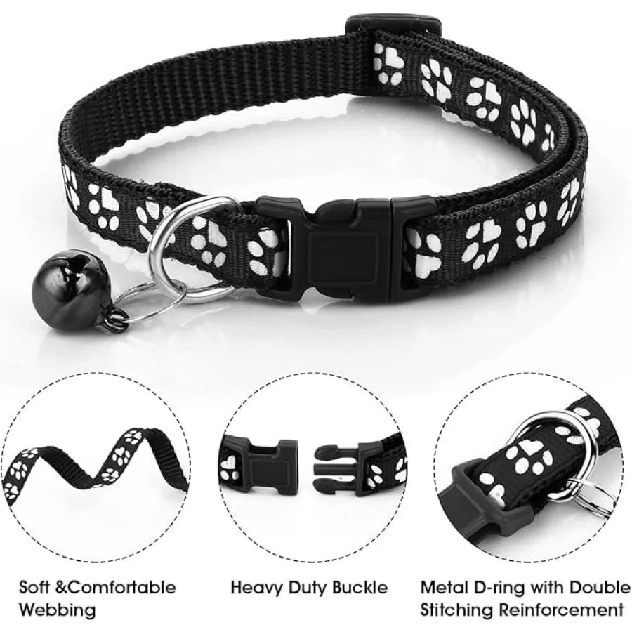 Purple Small Dog Collar and Leash Set, Pawprint Puppy Collar and Leash Adjustable Kitten Collar with Bell for Tiny Little XXS X