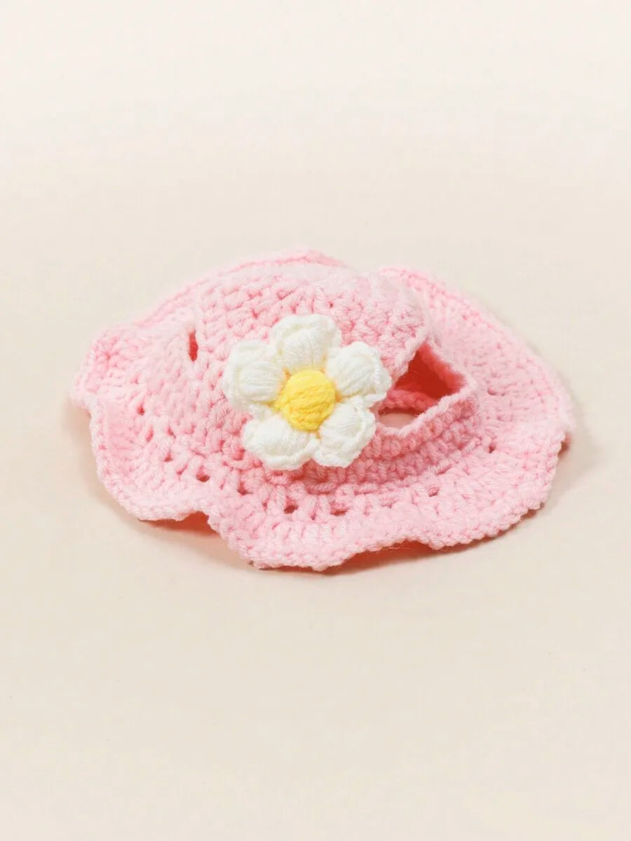 Knitted Pet Hat with Floral Trim for Cats and Small Dogs