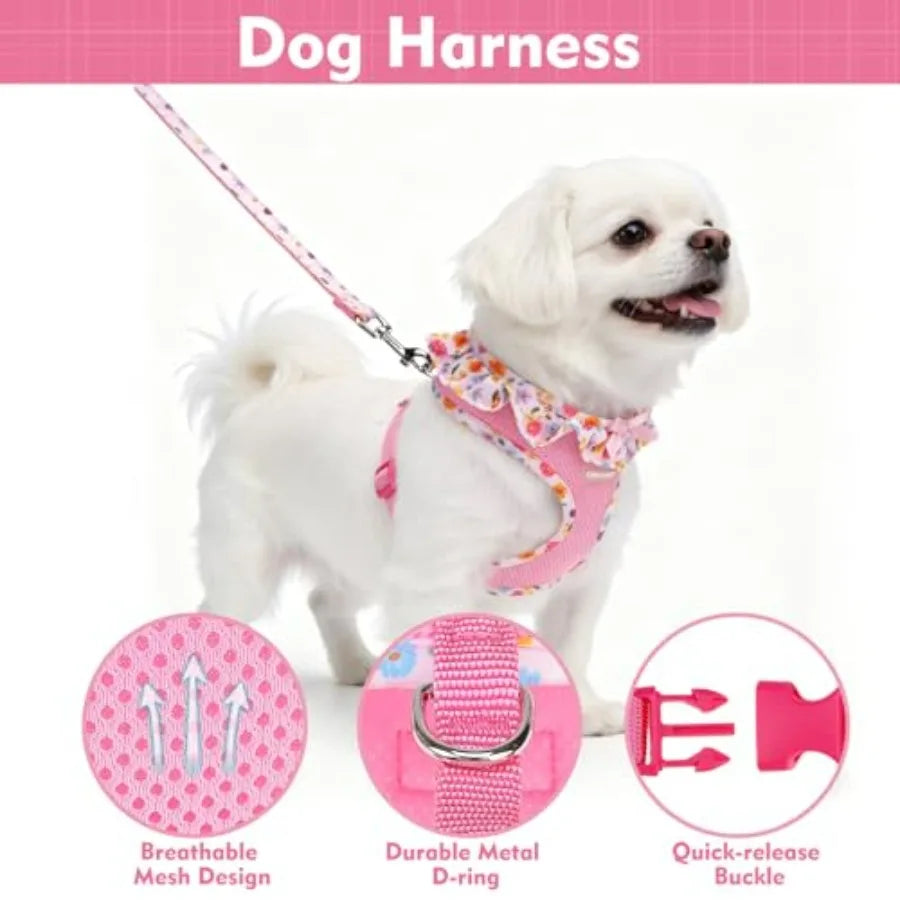 Cute Dog Harness Collar Leash Set - Girl Dog Harness Checke Step-in Design, Adjustable No-Choke Lightweight Mesh Vest for Cats