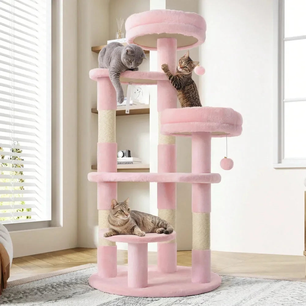 55.5 In Cat Tree For Indoor Kitties, Soft Plush Perches, MultiLevel Cat Tower, Sisal ching Posts, Crescent Plates, Round J