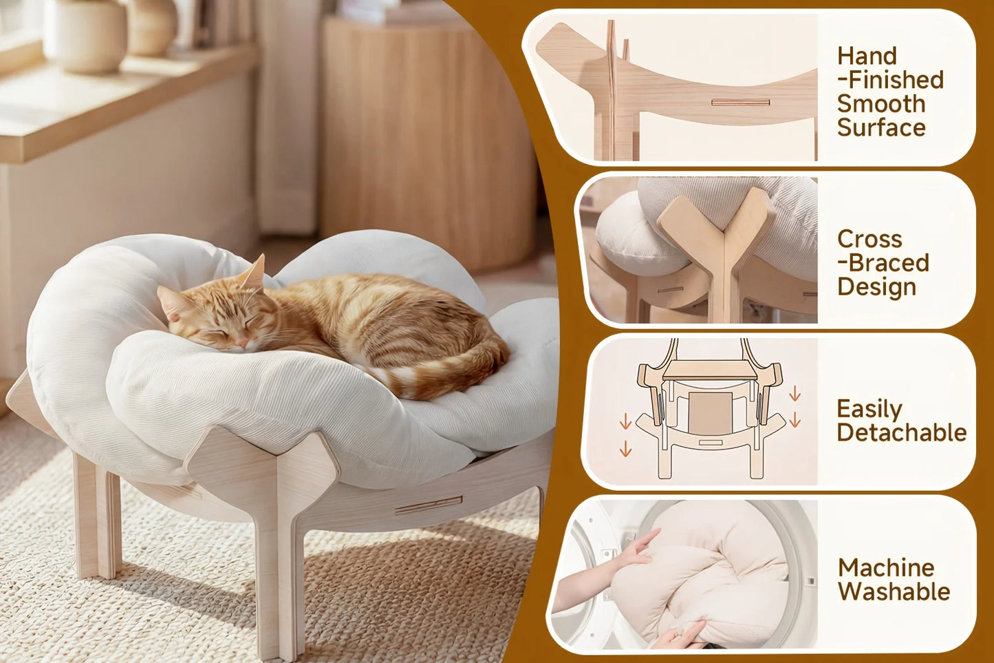 Large Flower-Shaped Pet Bed for Cats & Small Dogs - Modern Luxury High-Leg Sofa Bed with Solid Wood Base & Removable Mattress, I