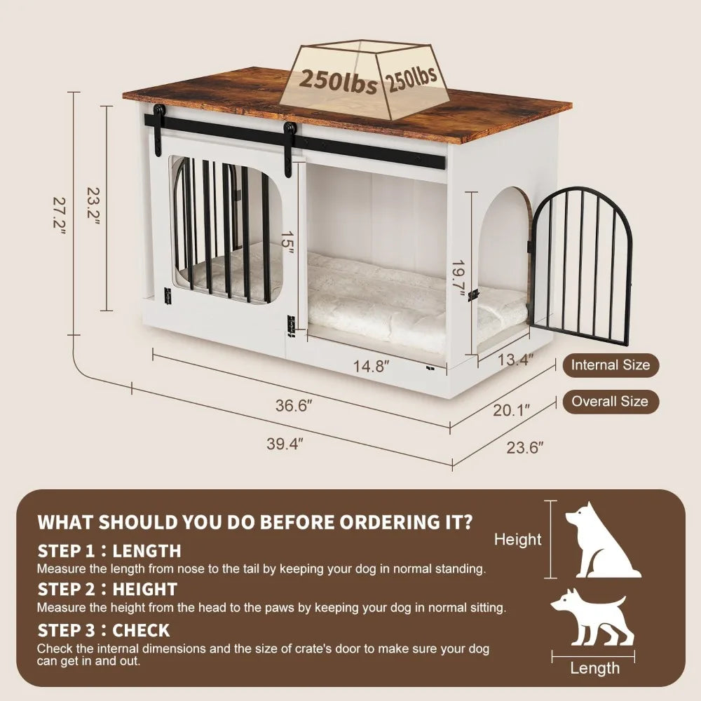39.4" Farmhouse Dog Crate Furniture with Cushion, White Wooden End Table for Small to Large Dogs