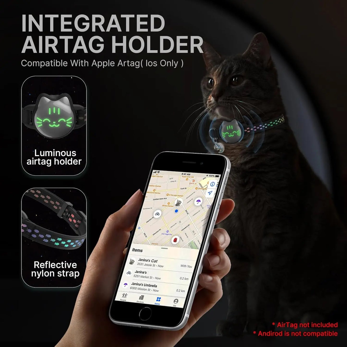 AirTag Cat Collar Breakaway, Reflective Cat Collar Compatible with Apple AirTag 1st & 2nd Gen, Hidden Holder with Bell, Lightwei