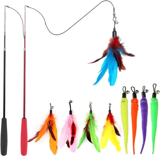 Cat Toys for Indoor Cats, Interactive Cat Toy 2PCS Retractable Wand Toy and 9PCS Cat Feather Toys Refills, Funny Kitten Toys Cat