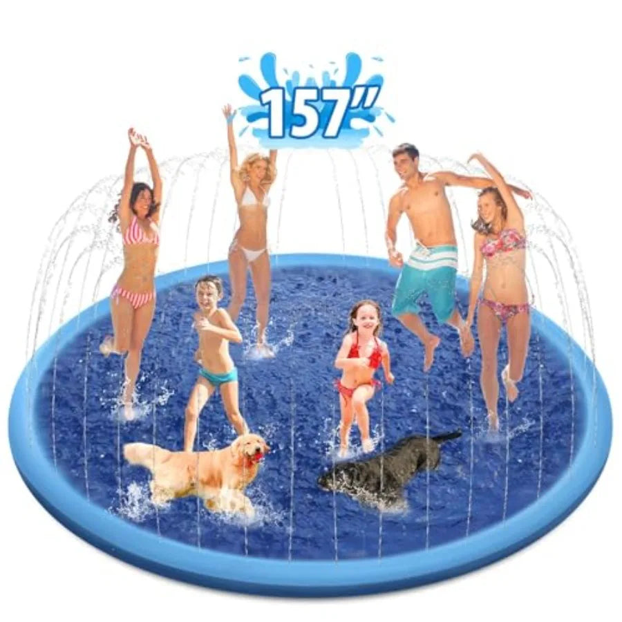 Outdoor splash pad for kids and dogs: 157-inch thickened anti-slip sprinkler mat in blue, UV-resistant and quick-dry for summer