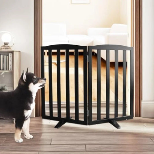 Freestanding Dog Gate IndoorDoggie Gate Foldable Pet Gates for Doorways Stairs or Hallways Wooden Black Pet Gate for the House