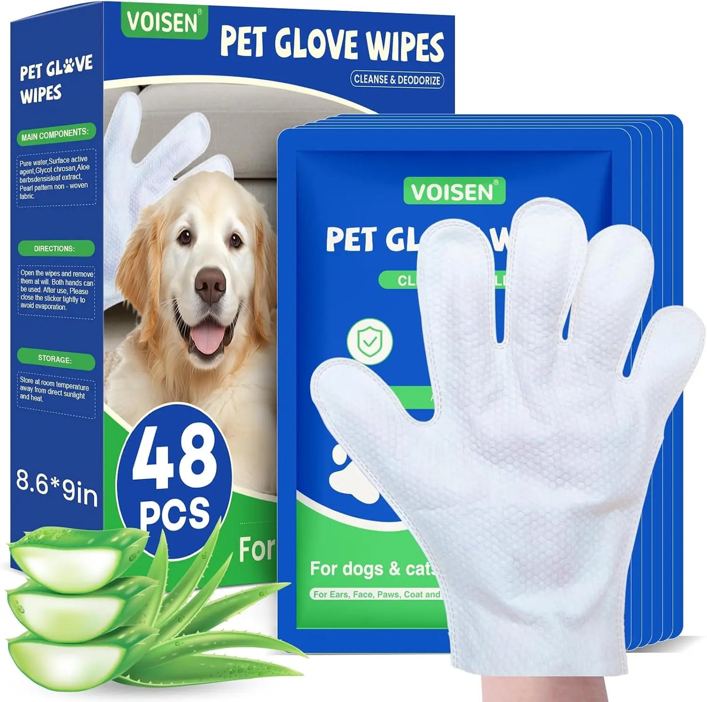48 Pcs Pet Glove Wipes for Dogs and Cats, Cleaning & Deodorizing Bathing Grooming Wipes, Unscented Thick Nourish Fur Wipes for Dry Cleaning