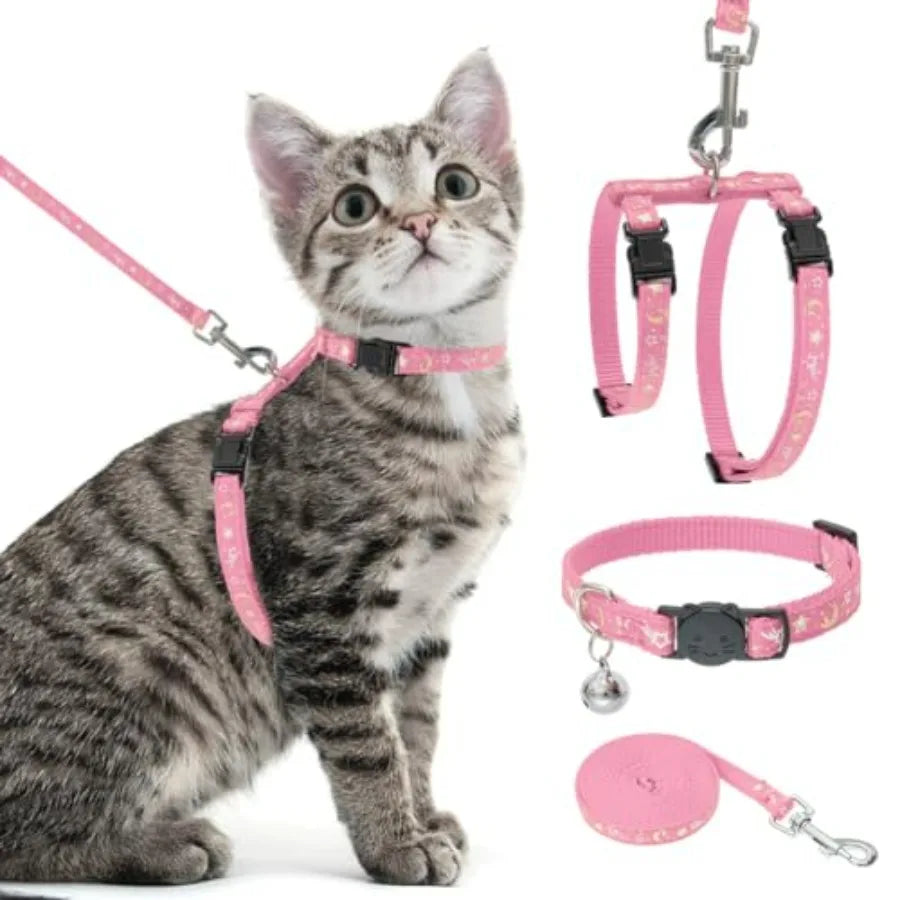 Cat Harness with Leash and Collar Set - Escape Proof Adjustable H-shped Cat Harness with Star and Moon Pattern Glow in The Dark