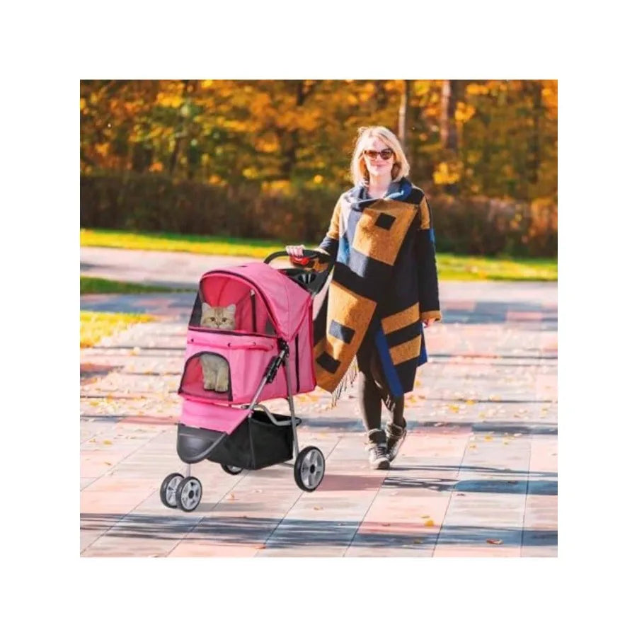 【New style】Foldable Pet Stroller For Cats And Dogs 3 Wheels Carrier Strolling Cart With Weather Cover, Storage Basket + Cup Hol